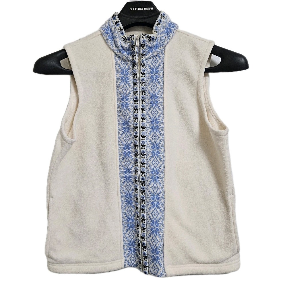 L.L. Bean Fleece Vest Womens Medium Cream Blue Nordic Snowflake Full Zip - Picture 1 of 11